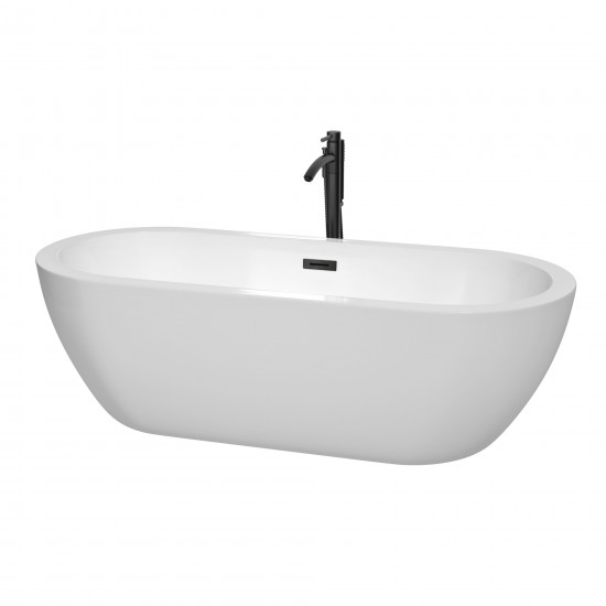 72 Inch Freestanding Bathtub in White, Floor Mounted Faucet, Drain, Trim in Black