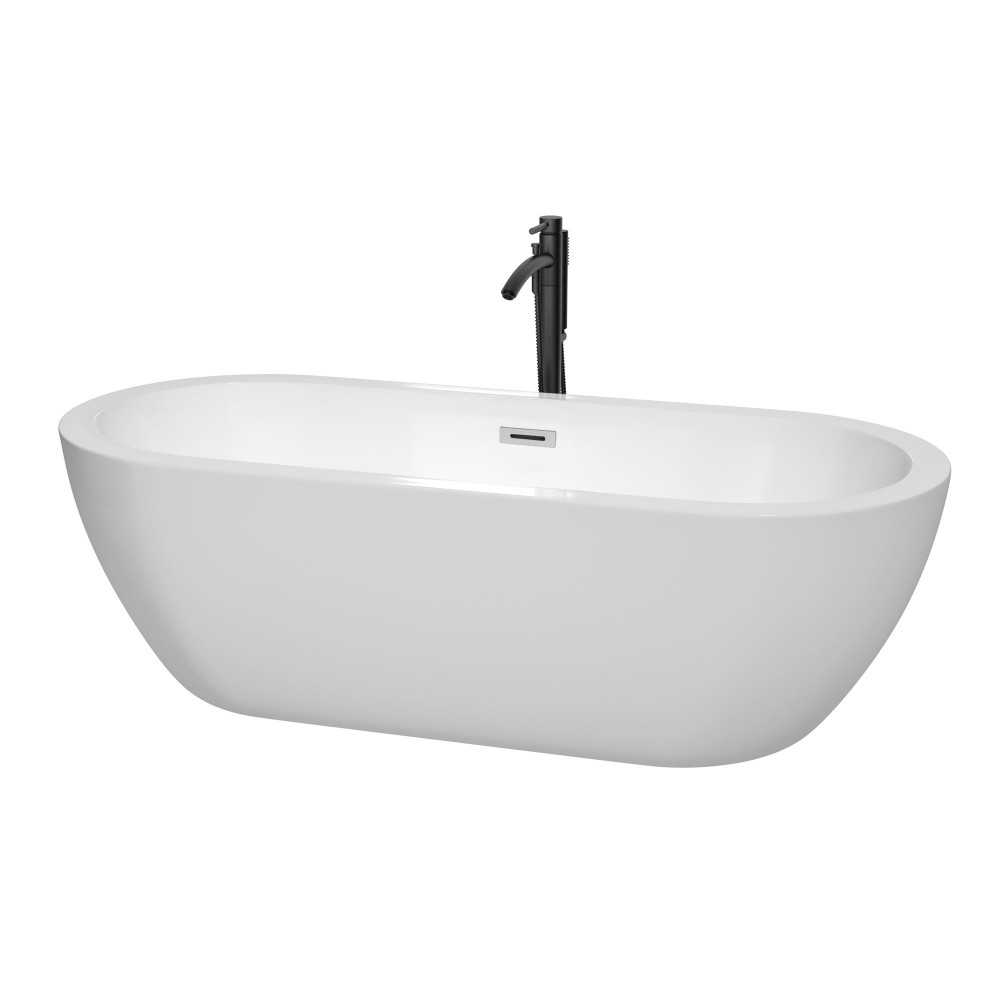 72 Inch Freestanding Bathtub in White, Chrome Trim, Floor Mounted Faucet in Black