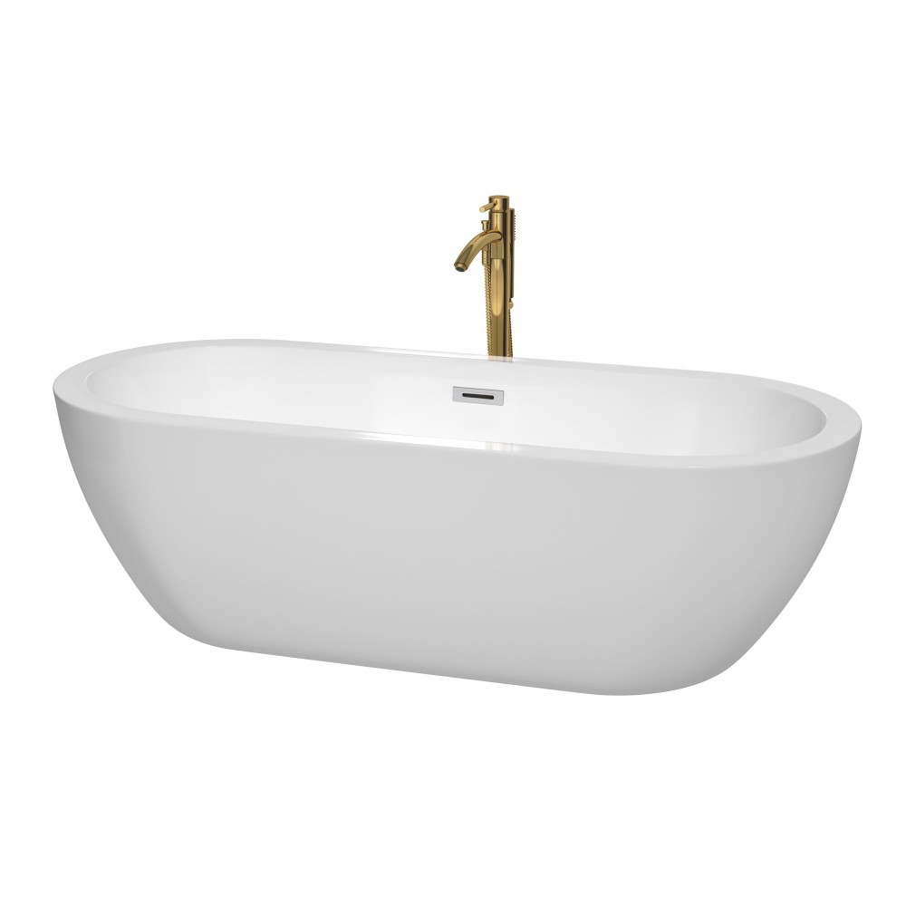 72 Inch Freestanding Bathtub in White, Chrome Trim, Floor Mounted Faucet in Gold