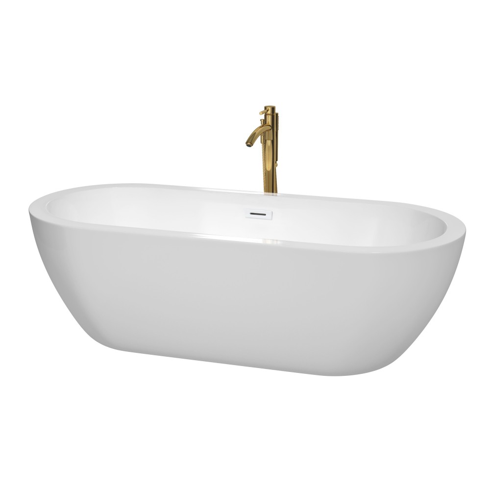 72 Inch Freestanding Bathtub in White, White Trim, Floor Mounted Faucet in Gold