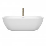 72 Inch Freestanding Bathtub in White, White Trim, Floor Mounted Faucet in Gold