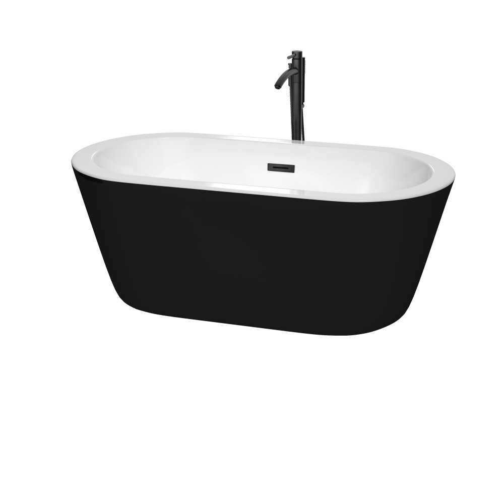 60 Inch Freestanding Bathtub in Black, White Interior, Floor Mounted Faucet, Drain, Trim in Black 60 Inch Freestanding Bathtub in Black, White Interior, Floor Mounted Faucet, Drain, Trim in Black