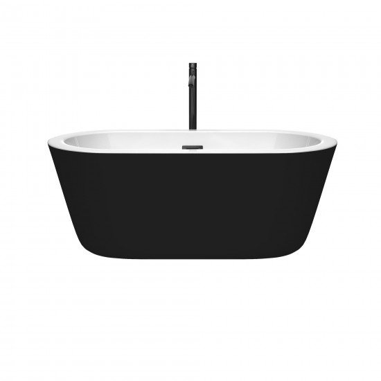 60 Inch Freestanding Bathtub in Black, White Interior, Floor Mounted Faucet, Drain, Trim in Black