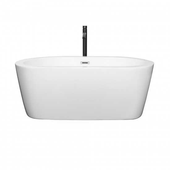 60 Inch Freestanding Bathtub in White, Chrome Trim, Floor Mounted Faucet in Black