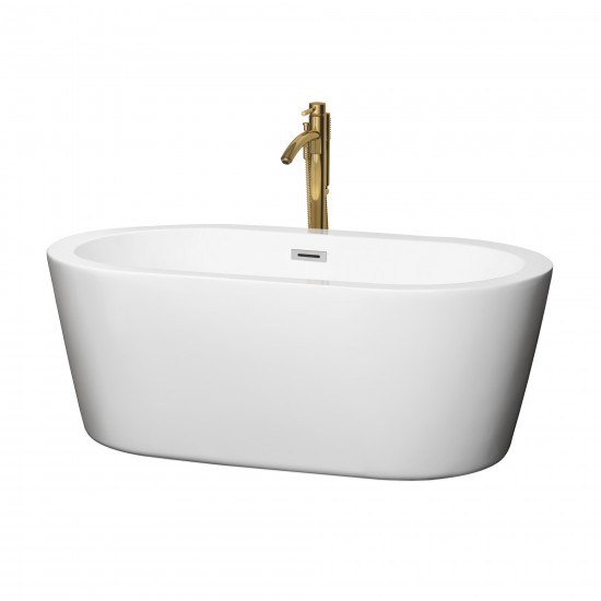 60 Inch Freestanding Bathtub in White, Chrome Trim, Floor Mounted Faucet in Gold