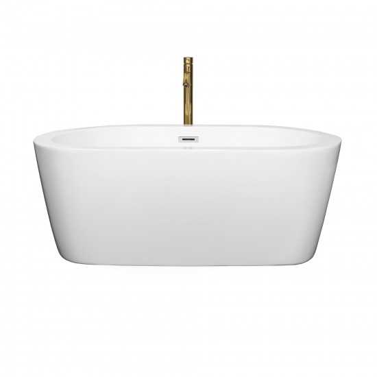 60 Inch Freestanding Bathtub in White, Chrome Trim, Floor Mounted Faucet in Gold