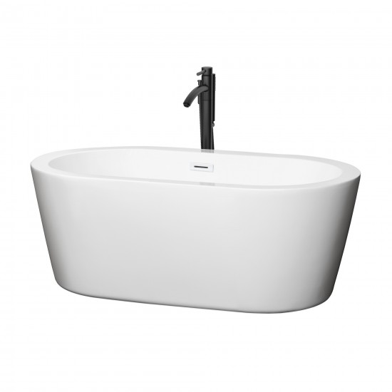 60 Inch Freestanding Bathtub in White, White Trim, Floor Mounted Faucet in Black