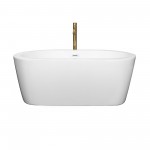 60 Inch Freestanding Bathtub in White, White Trim, Floor Mounted Faucet in Gold