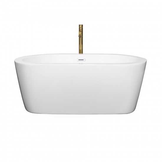 60 Inch Freestanding Bathtub in White, White Trim, Floor Mounted Faucet in Gold