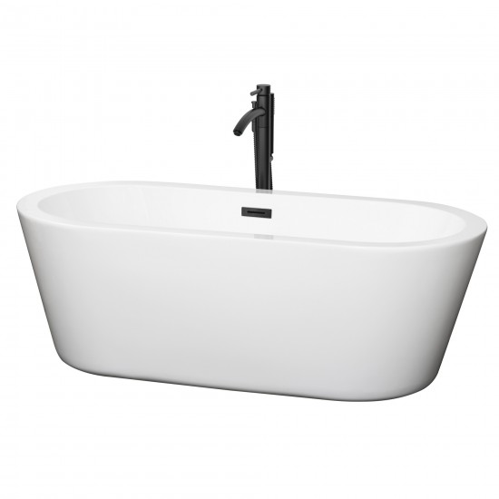 67 Inch Freestanding Bathtub in White, Floor Mounted Faucet, Drain, Trim in Black