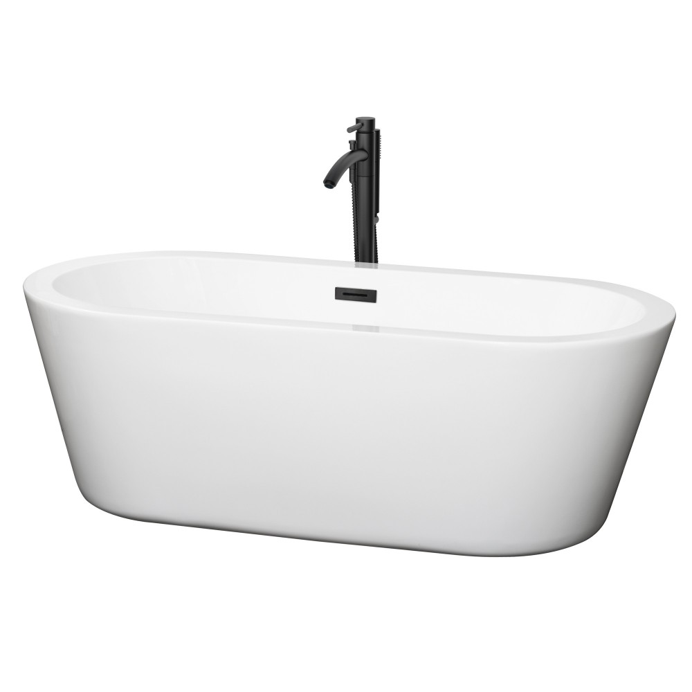 67 Inch Freestanding Bathtub in White, Floor Mounted Faucet, Drain, Trim in Black