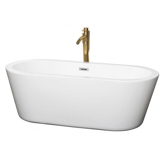 67 Inch Freestanding Bathtub in White, Chrome Trim, Floor Mounted Faucet in Gold