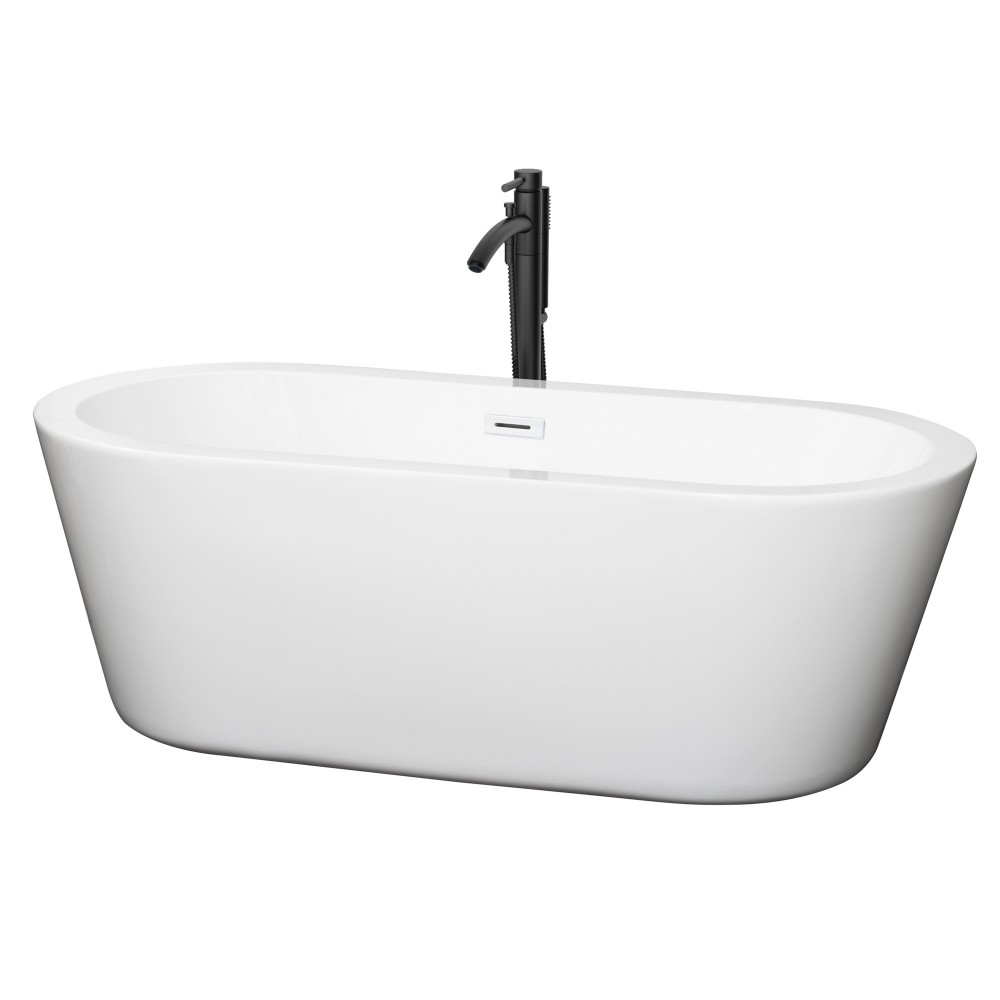 67 Inch Freestanding Bathtub in White, White Trim, Floor Mounted Faucet in Black