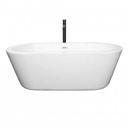 67 Inch Freestanding Bathtub in White, White Trim, Floor Mounted Faucet in Black