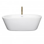 67 Inch Freestanding Bathtub in White, White Trim, Floor Mounted Faucet in Gold