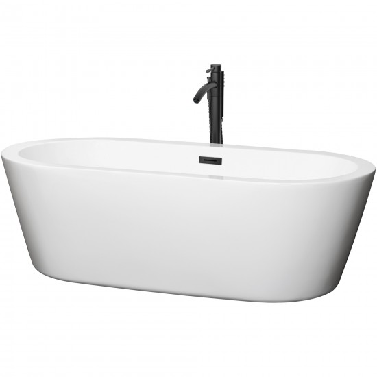 71 Inch Freestanding Bathtub in White, Floor Mounted Faucet, Drain, Trim in Black