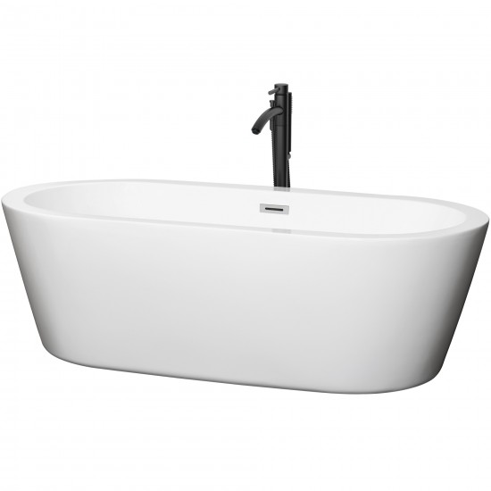 71 Inch Freestanding Bathtub in White, Chrome Trim, Floor Mounted Faucet in Black