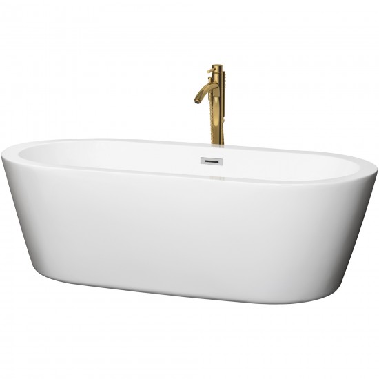 71 Inch Freestanding Bathtub in White, Chrome Trim, Floor Mounted Faucet in Gold