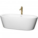 71 Inch Freestanding Bathtub in White, White Trim, Floor Mounted Faucet in Gold