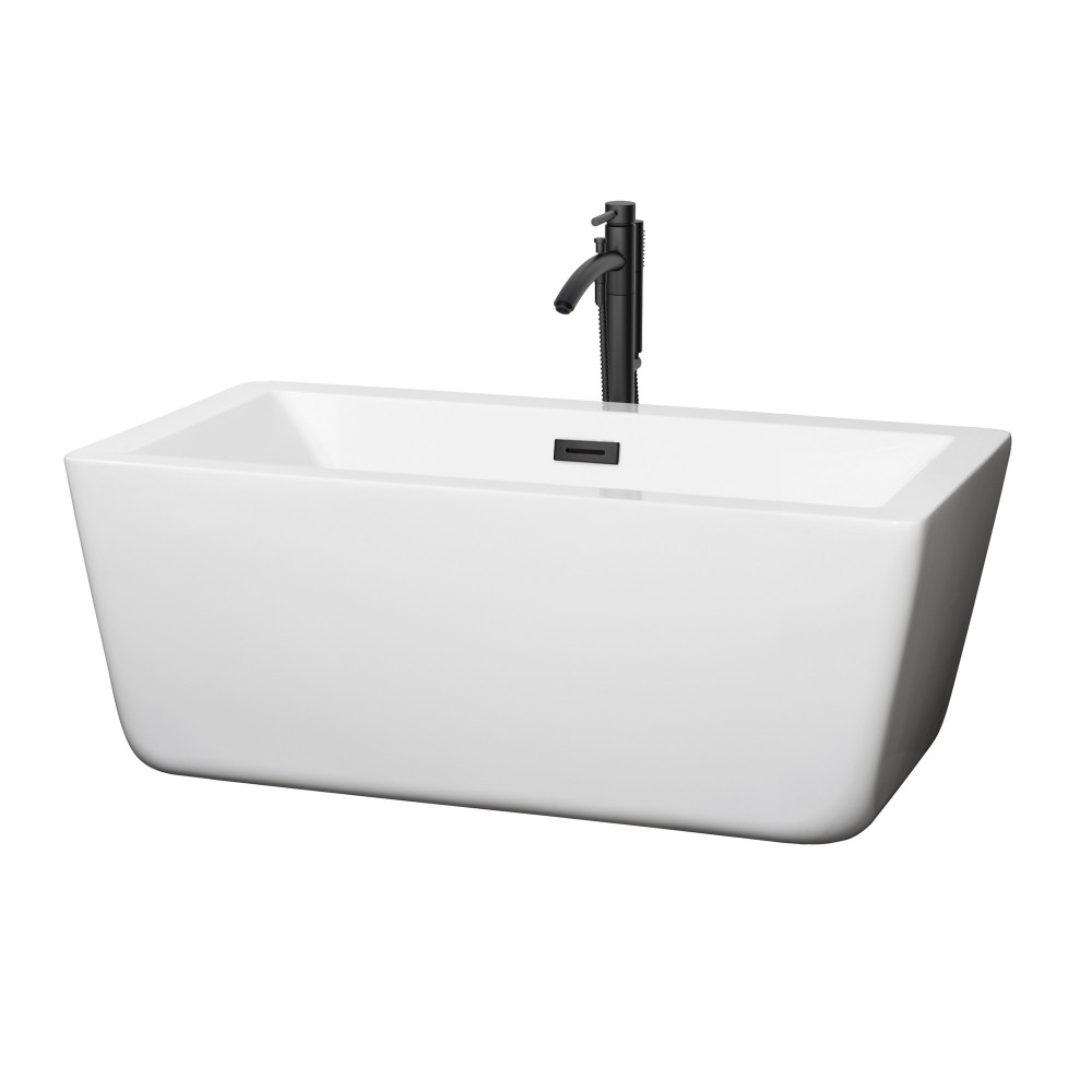 59 Inch Freestanding Bathtub in White, Floor Mounted Faucet, Drain, Trim in Black