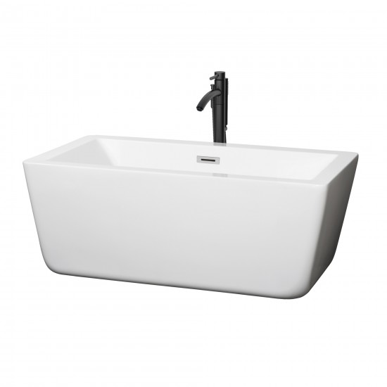 59 Inch Freestanding Bathtub in White, Chrome Trim, Floor Mounted Faucet in Black