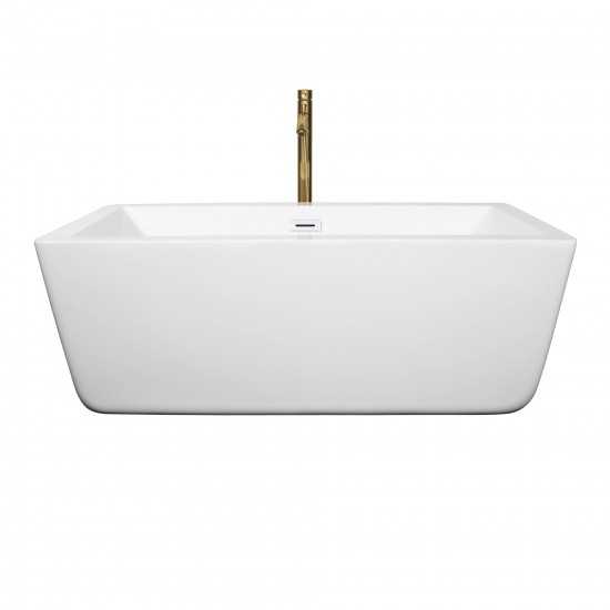 59 Inch Freestanding Bathtub in White, White Trim, Floor Mounted Faucet in Gold