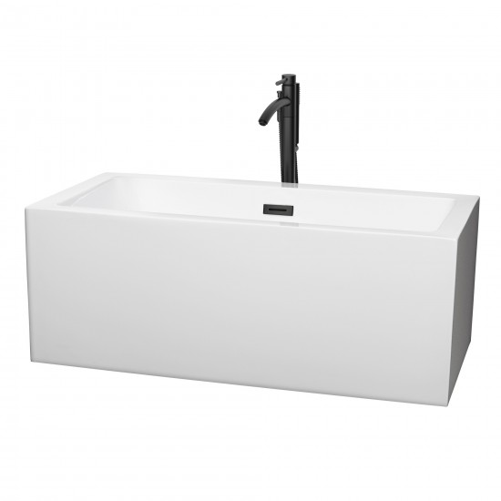 60 Inch Freestanding Bathtub in White, Floor Mounted Faucet, Drain, Trim in Black