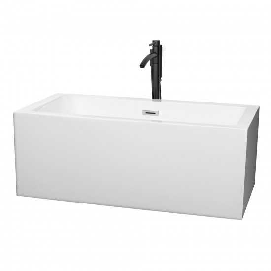 60 Inch Freestanding Bathtub in White, Chrome Trim, Floor Mounted Faucet in Black