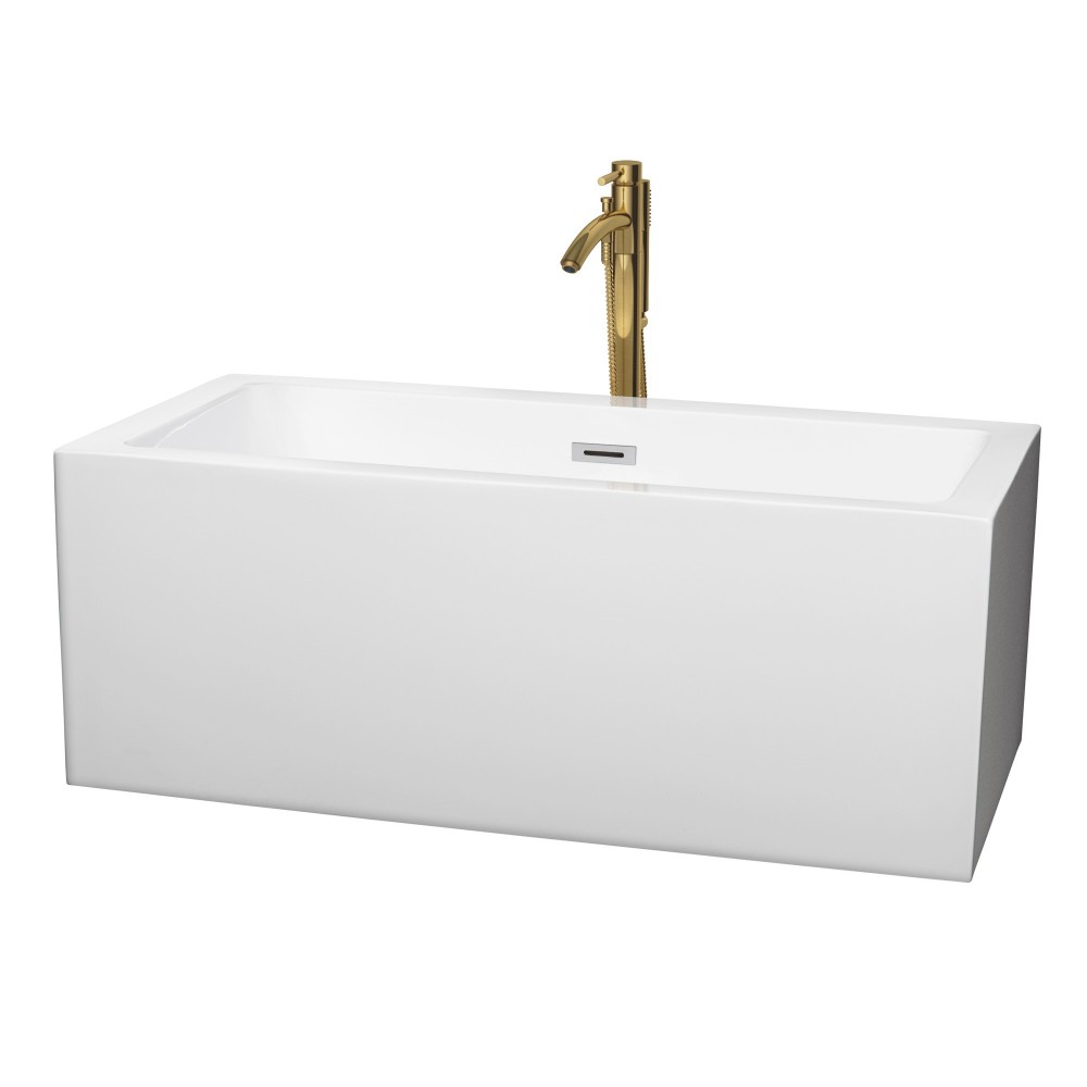 60 Inch Freestanding Bathtub in White, Chrome Trim, Floor Mounted Faucet in Gold