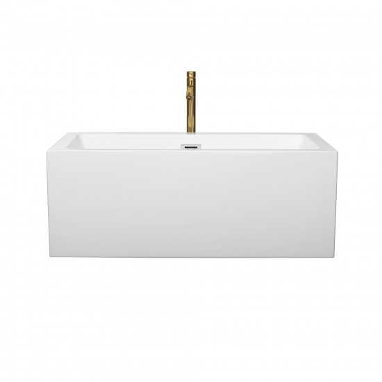 60 Inch Freestanding Bathtub in White, Chrome Trim, Floor Mounted Faucet in Gold