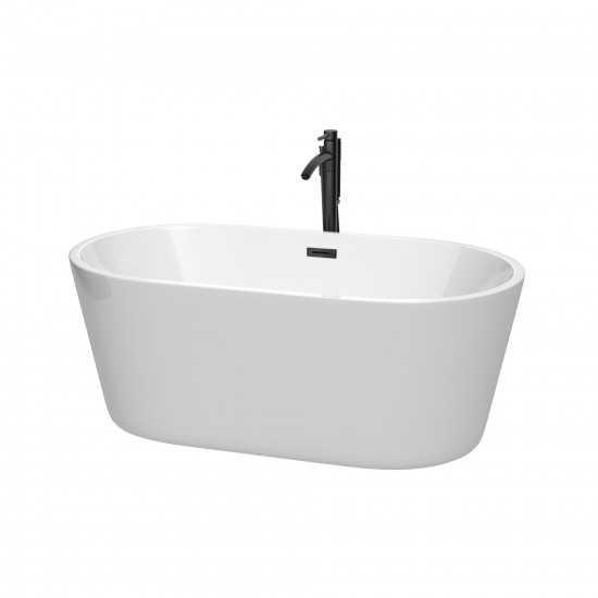 60 Inch Freestanding Bathtub in White, Floor Mounted Faucet, Drain, Trim in Black