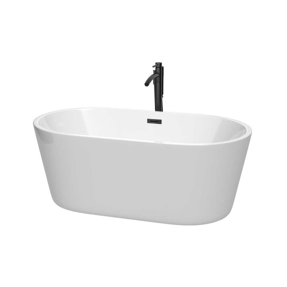 60 Inch Freestanding Bathtub in White, Floor Mounted Faucet, Drain, Trim in Black