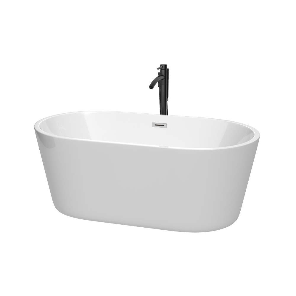 60 Inch Freestanding Bathtub in White, Chrome Trim, Floor Mounted Faucet in Black