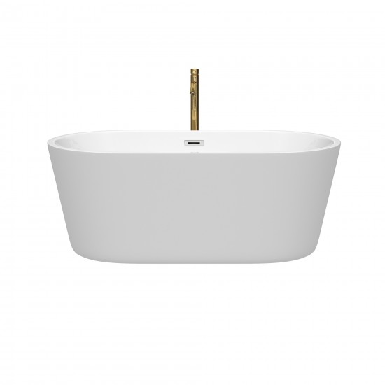 60 Inch Freestanding Bathtub in White, Chrome Trim, Floor Mounted Faucet in Gold