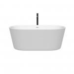 60 Inch Freestanding Bathtub in White, White Trim, Floor Mounted Faucet in Black