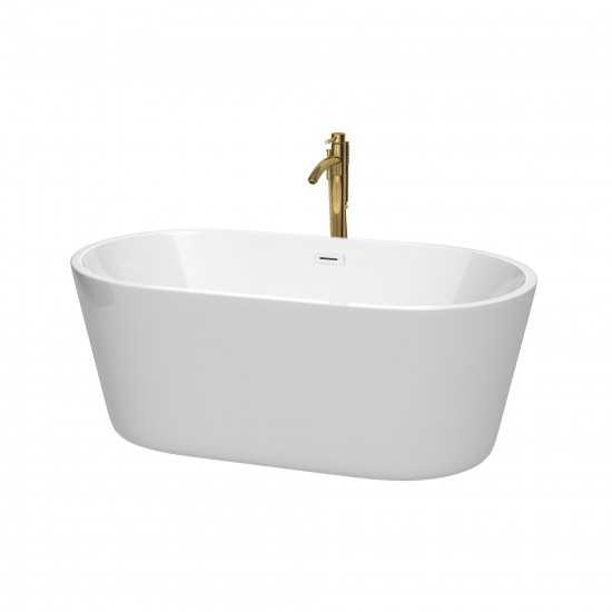 60 Inch Freestanding Bathtub in White, White Trim, Floor Mounted Faucet in Gold