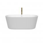 60 Inch Freestanding Bathtub in White, White Trim, Floor Mounted Faucet in Gold