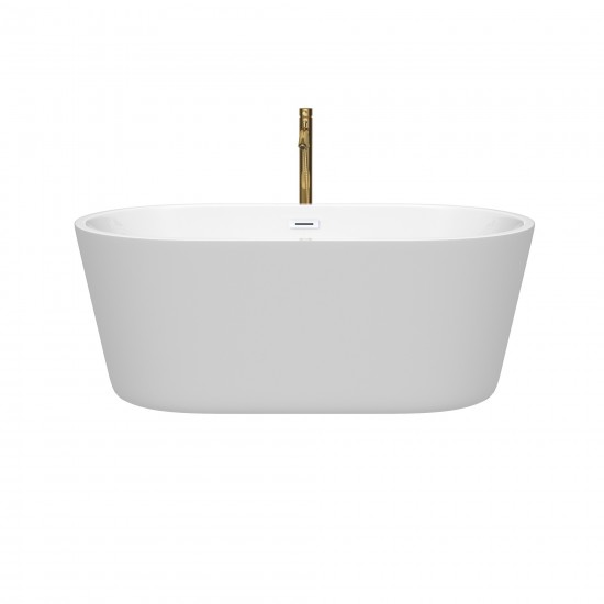 60 Inch Freestanding Bathtub in White, White Trim, Floor Mounted Faucet in Gold