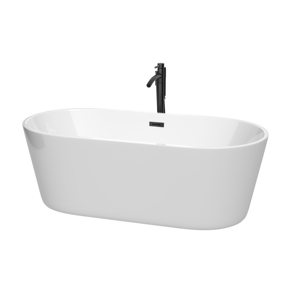 67 Inch Freestanding Bathtub in White, Floor Mounted Faucet, Drain, Trim in Black