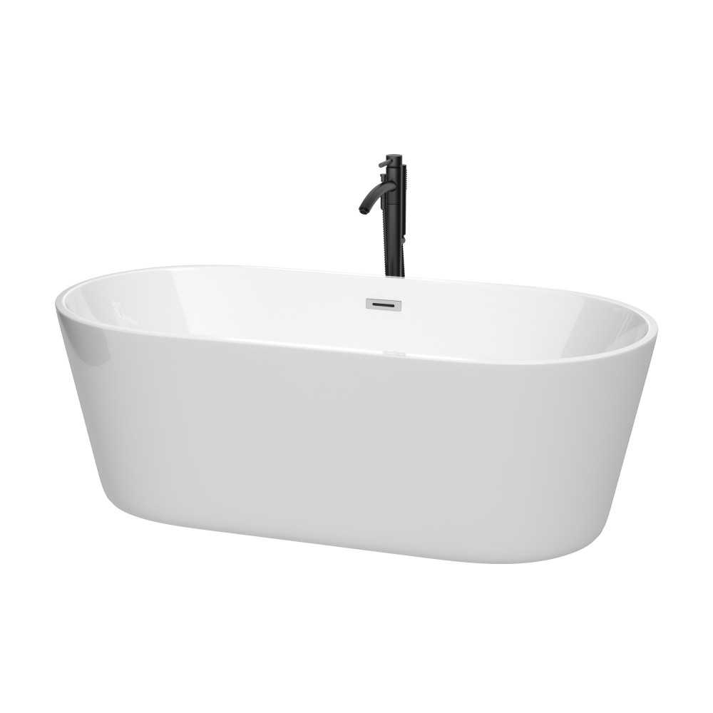 67 Inch Freestanding Bathtub in White, Chrome Trim, Floor Mounted Faucet in Black 67 Inch Freestanding Bathtub in White, Chrome Trim, Floor Mounted Faucet in Black