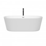 67 Inch Freestanding Bathtub in White, Chrome Trim, Floor Mounted Faucet in Black