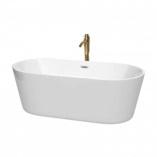 67 Inch Freestanding Bathtub in White, Chrome Trim, Floor Mounted Faucet in Gold