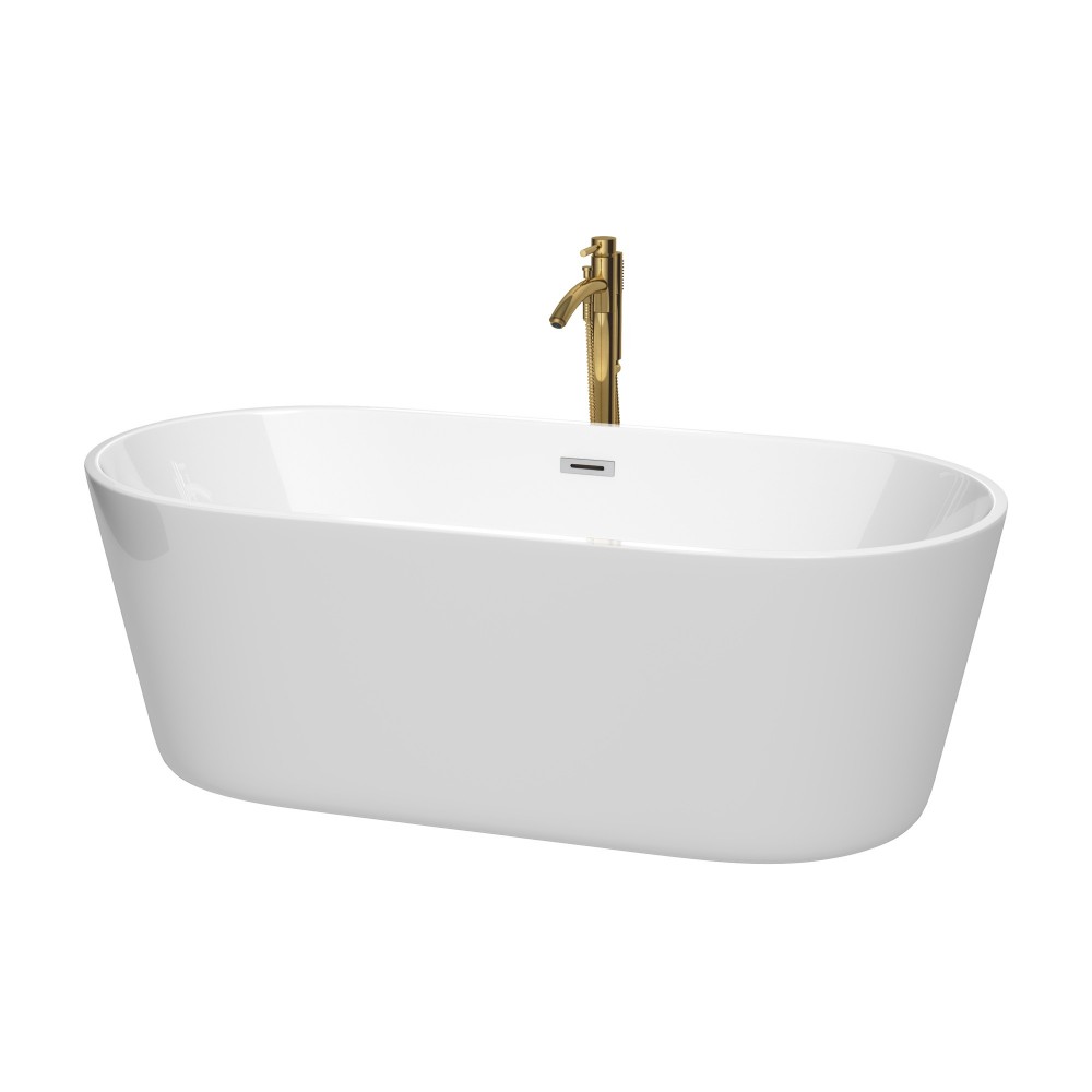 67 Inch Freestanding Bathtub in White, Chrome Trim, Floor Mounted Faucet in Gold