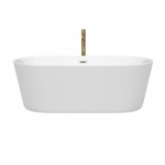 67 Inch Freestanding Bathtub in White, Chrome Trim, Floor Mounted Faucet in Gold