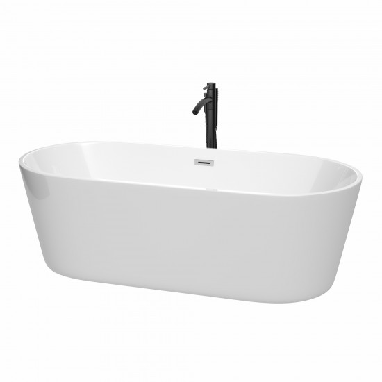 71 Inch Freestanding Bathtub in White, Chrome Trim, Floor Mounted Faucet in Black