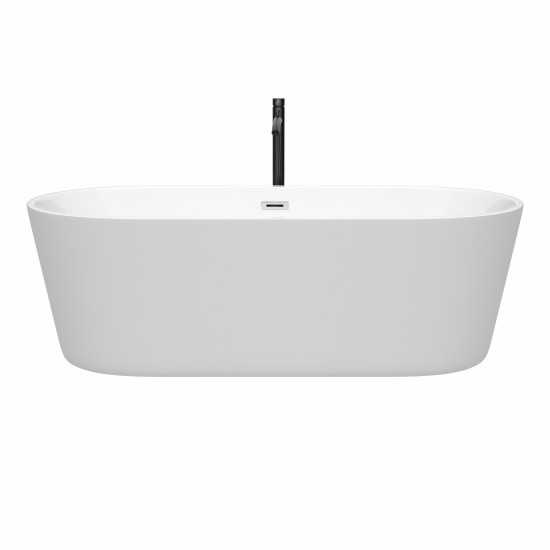 71 Inch Freestanding Bathtub in White, Chrome Trim, Floor Mounted Faucet in Black