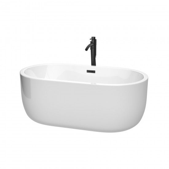 60 Inch Freestanding Bathtub in White, Floor Mounted Faucet, Drain, Trim in Black