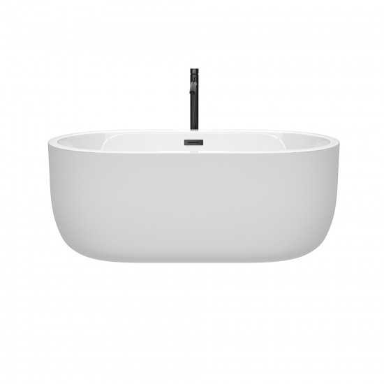 60 Inch Freestanding Bathtub in White, Floor Mounted Faucet, Drain, Trim in Black