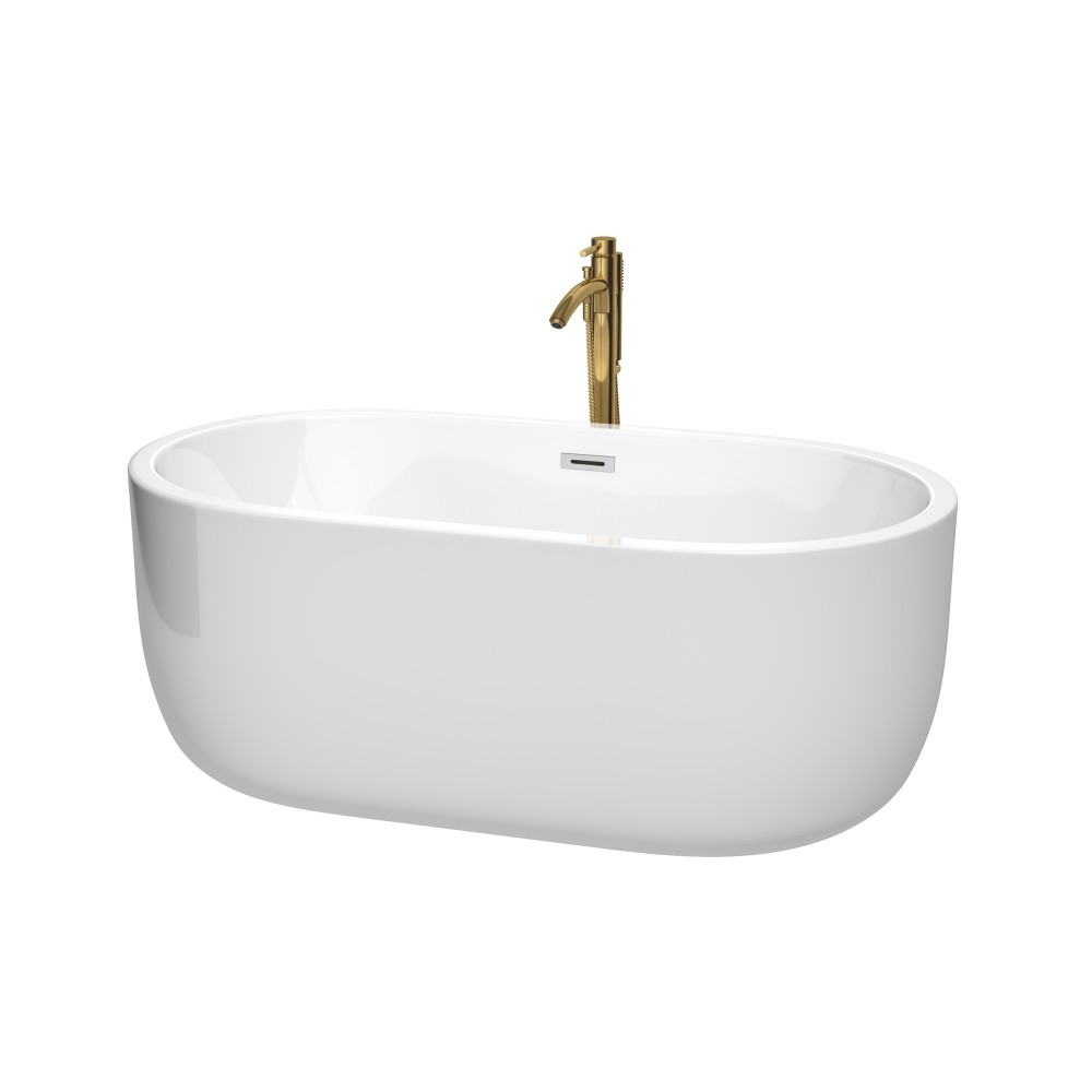 60 Inch Freestanding Bathtub in White, Chrome Trim, Floor Mounted Faucet in Gold 60 Inch Freestanding Bathtub in White, Chrome Trim, Floor Mounted Faucet in Gold