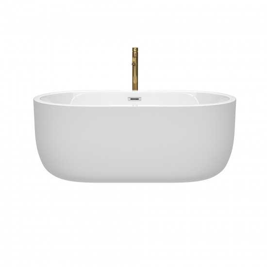 60 Inch Freestanding Bathtub in White, Chrome Trim, Floor Mounted Faucet in Gold